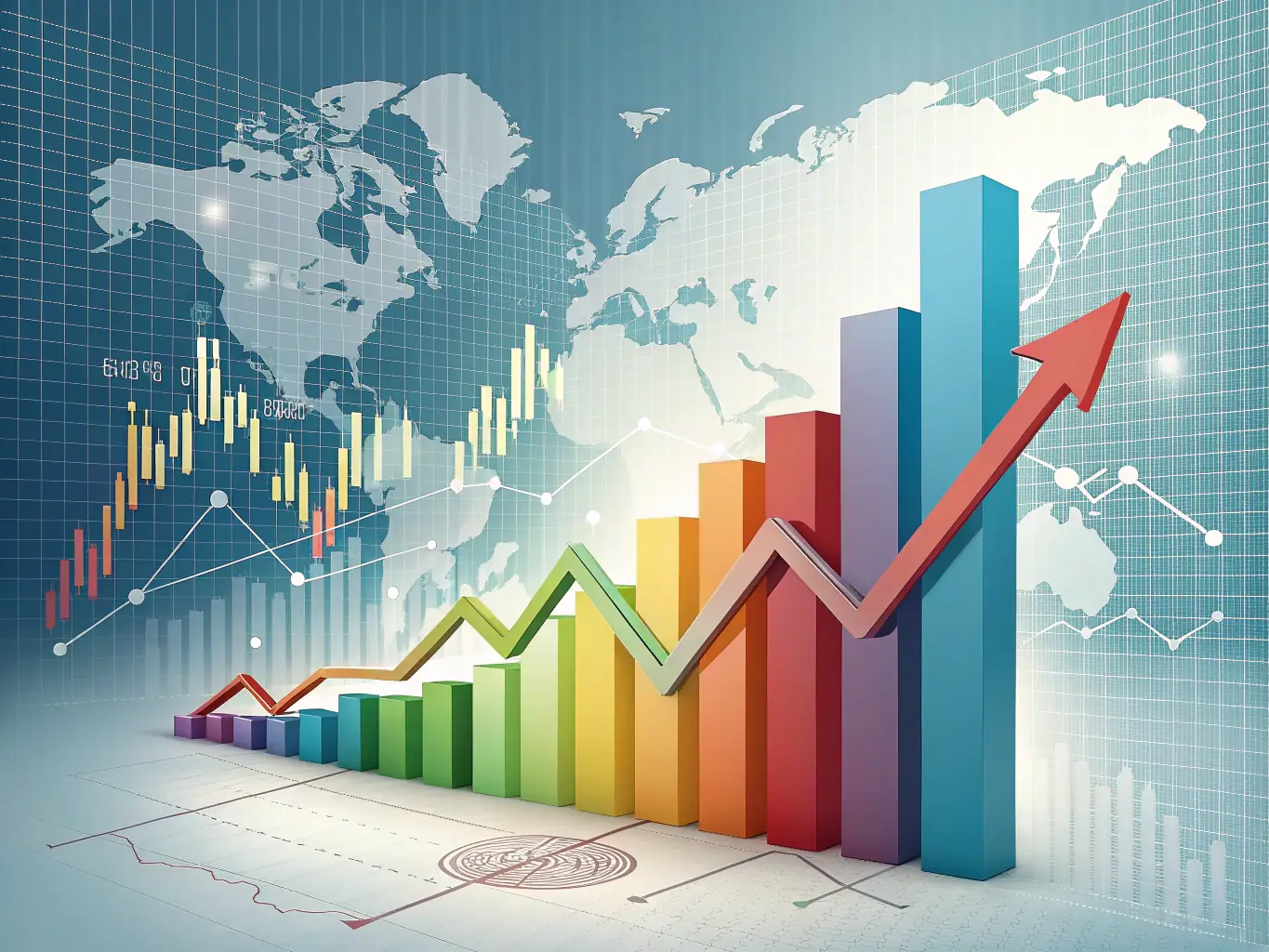 A stylized graphic representing upward trending financial charts and growth indicators, set against a clean, modern background.