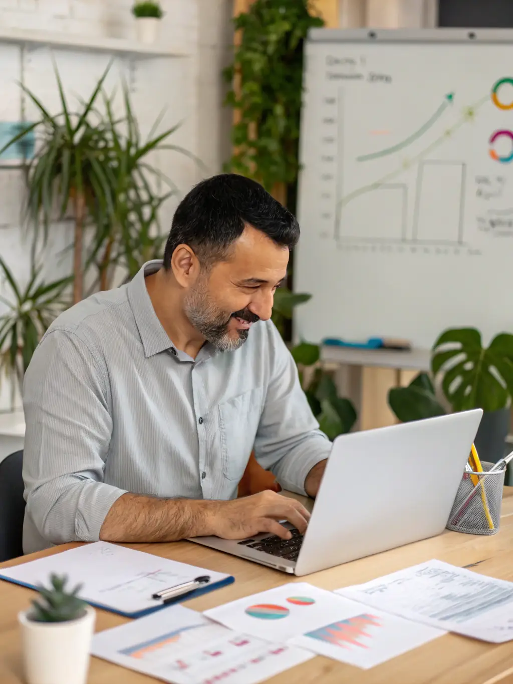A portrait of a seasoned financial analyst with a confident expression, in a modern office setting, reviewing market data on multiple screens.