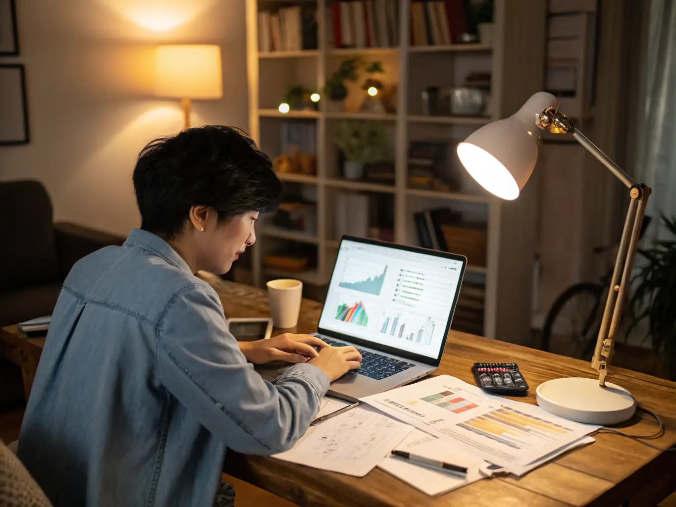 A focused investor analyzing stock charts on a multi-monitor setup, bathed in soft, natural light, symbolizing informed decision-making.