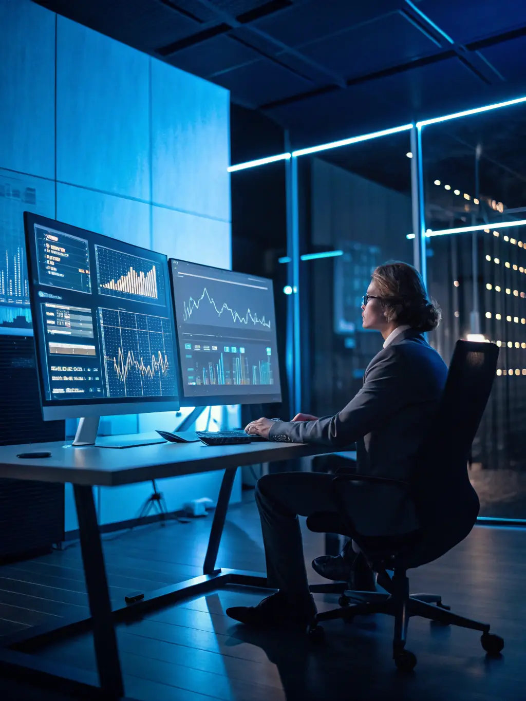 A close-up shot of a data scientist analyzing complex financial models and algorithms on a computer, with data visualizations in the background.