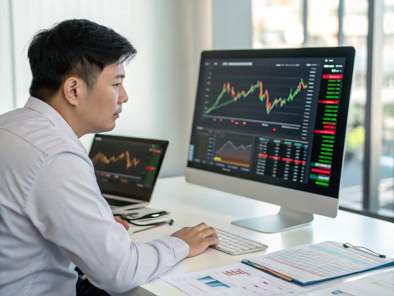 A seasoned financial analyst providing expert commentary on market movements via a live video conference.
