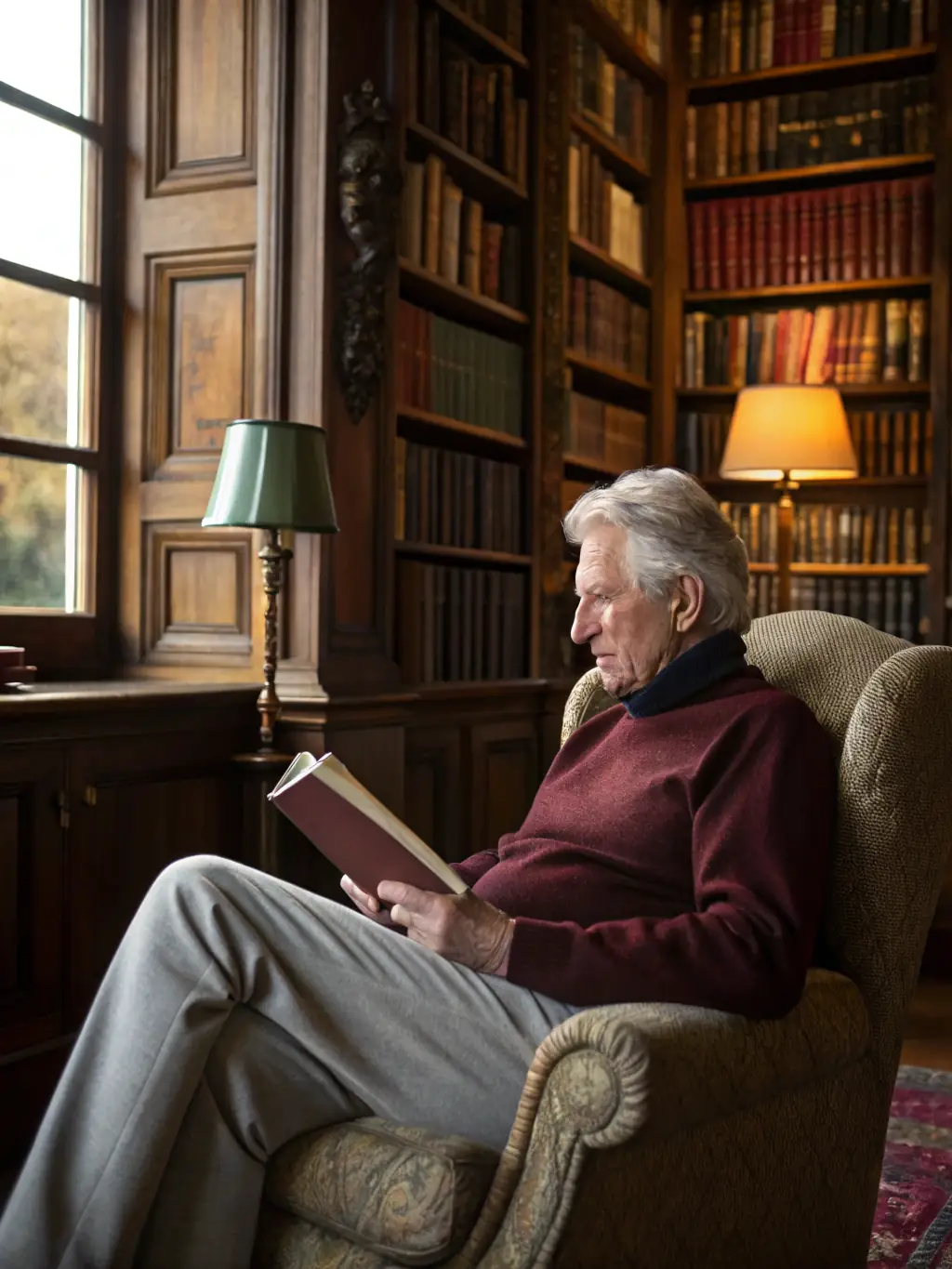 A picture of a retired fund manager in a library, surrounded by books, looking thoughtful and experienced.