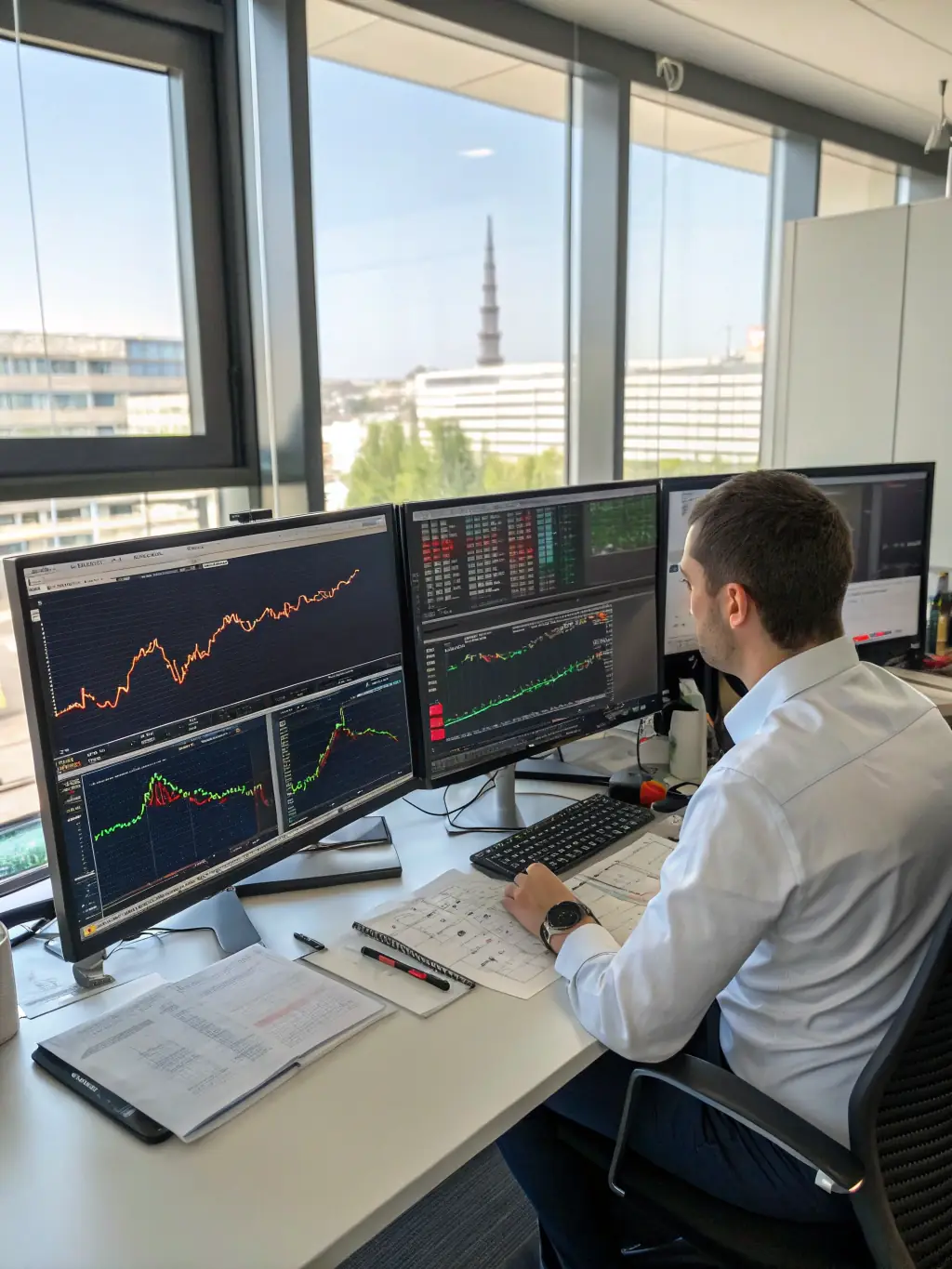 A professional investor analyzing real-time stock market data on a multi-screen workstation, showcasing the depth of financial information available to FinanceInsight subscribers.