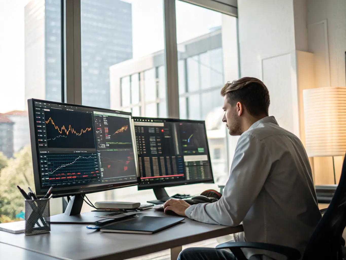 A detailed close-up shot of a financial analyst reviewing complex market data on multiple monitors in a modern office setting, emphasizing the depth of research.