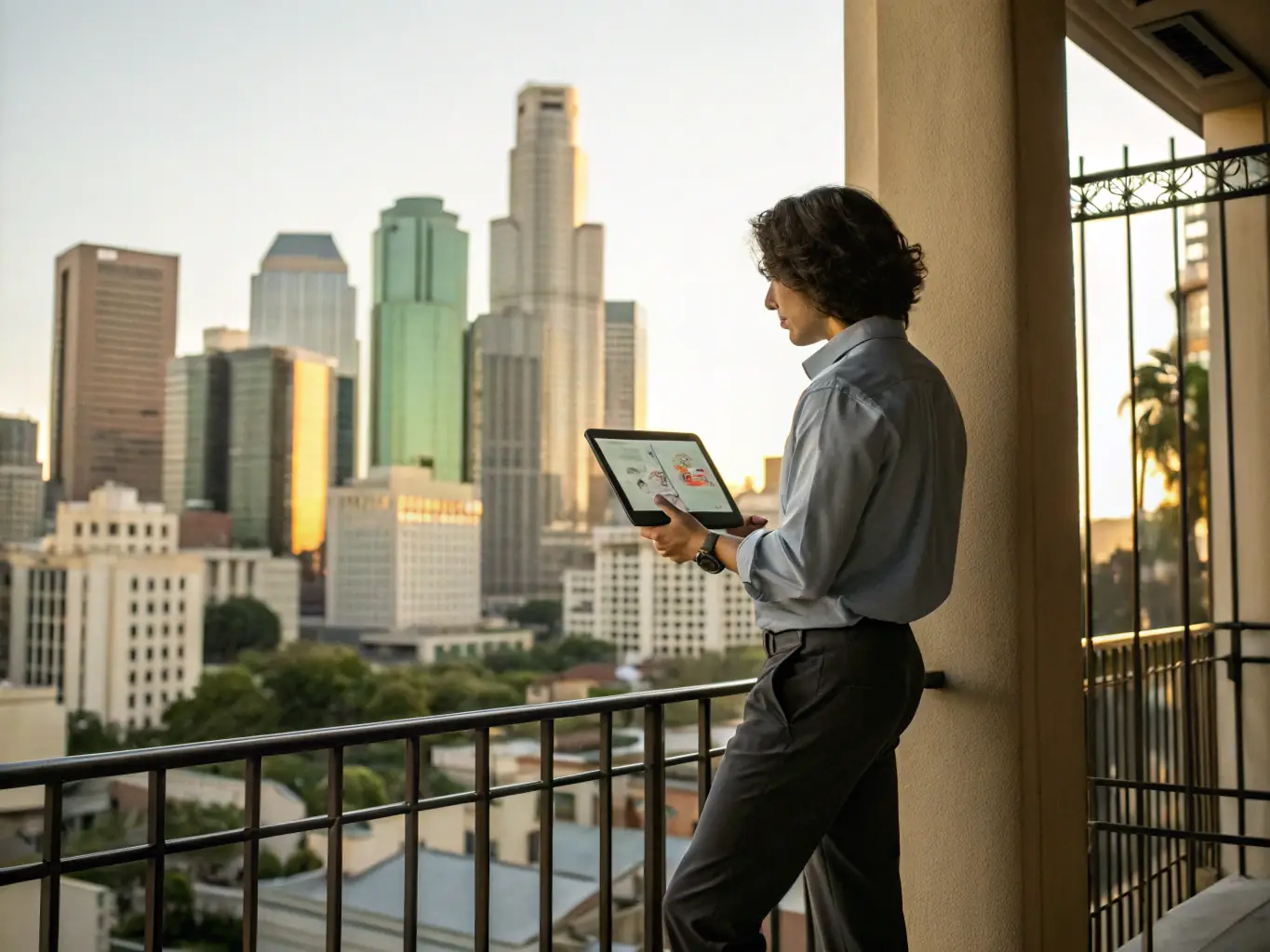 A professional investor using the FinanceInsight platform on a tablet while traveling, showcasing the platform's accessibility and convenience.