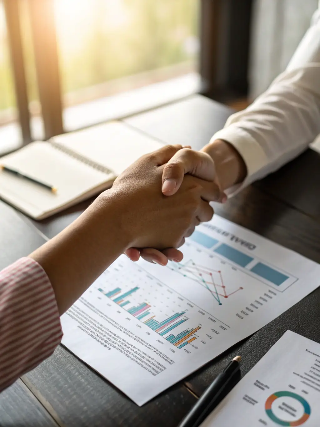 Two hands shaking over a financial report, symbolizing the partnership and support FinanceInsight offers to its subscribers.